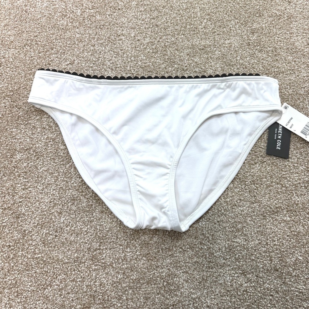 Kenneth Cole New York White Black Ric-Rac Trim Bikini Bottom Large NEW Swim